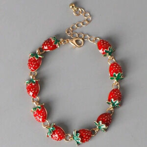 Red and gold strawberry charm bracelet spring summer casual cheerful fruit cute